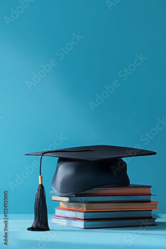 Graduation Cap Resting on Colorful Stacked Books Against a Solid Blue Background