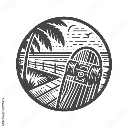 Vintage Hand-Drawn Skateboard on Beach Illustration, Coastal Object Engraved Style Vector for T-Shirts and Summer Lifestyle Design