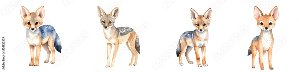 Fototapeta premium Four colorful illustrations of playful foxes in various poses and expressions.