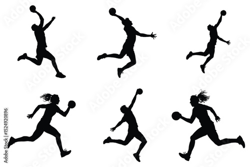 Silhouette of a handball player in action, attack shut in jumping and shooting the ball, vector art of male and female athlete making an aggressive shot on goal, sportsman in motion.