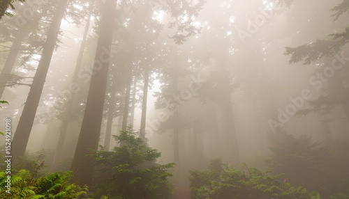 Mystical Foggy Forest Path with Green Foliage