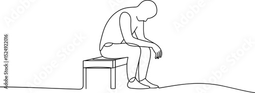 Depressed man sitting alone on bench continuous line drawing style. Man in depression, stressed, headache and despair. Vector illustration