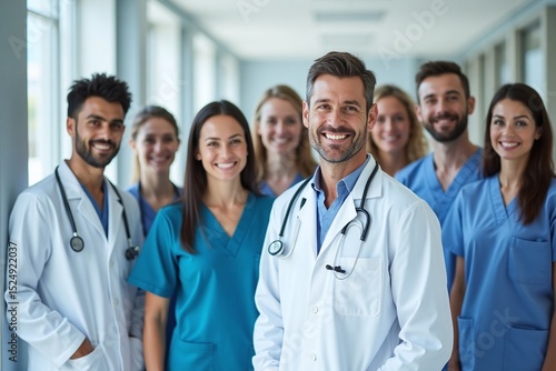 A diverse group of smiling medical professionals, including doctors and nurses, posing together in a bright hospital corridor.