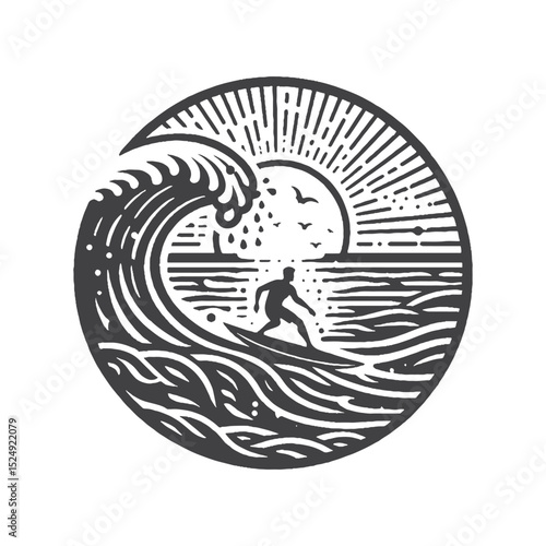Vintage Hand-Drawn Ocean Wave with Surfer Illustration, Coastal Sport Engraved Style Vector for T-Shirts and Surf Lifestyle Design