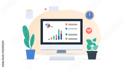 Wallpaper Mural A computer monitor displays colorful graphs and charts, surrounded by plants, a clock, and office items, representing data analysis or productivity. Torontodigital.ca