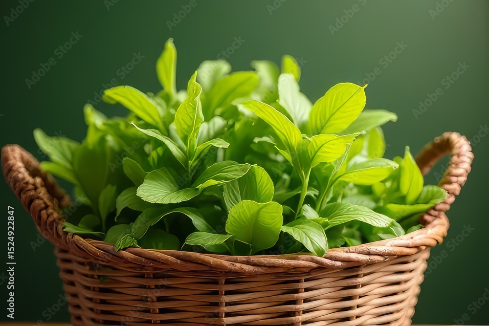 Naklejka premium Fresh Herbs in a Wicker Basket - Healthy Culinary Greens