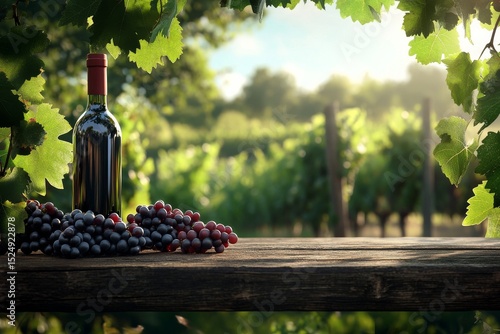 Bottle of Wine and Grapes on Wooden Table in Vineyard During Golden Hour
