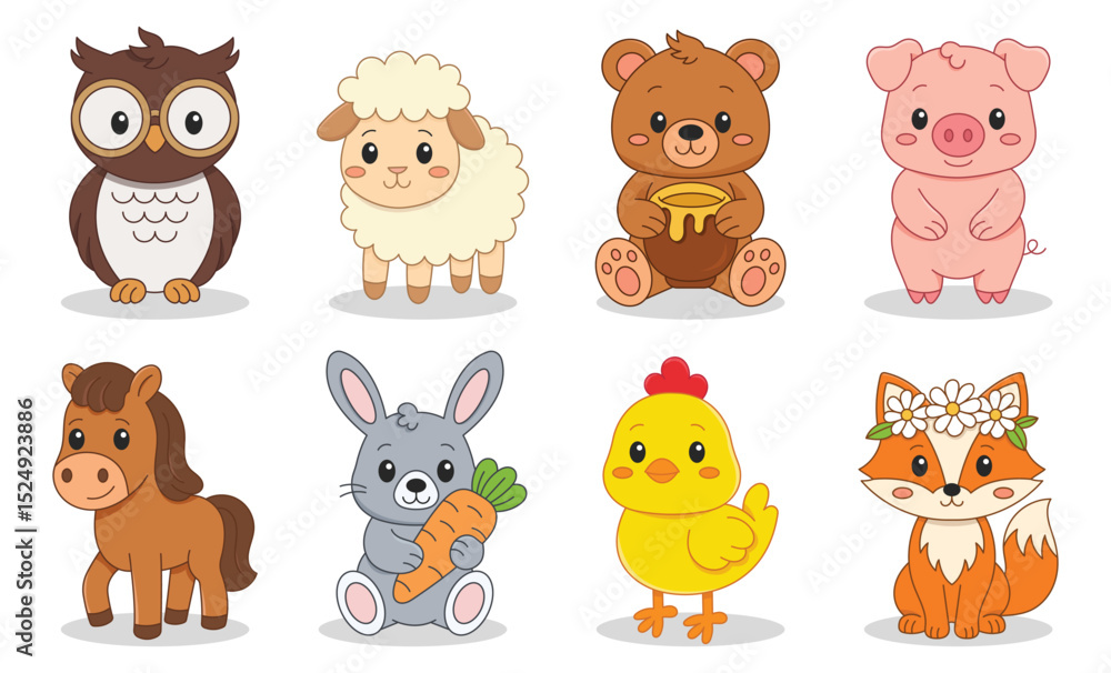 Fototapeta premium Big bundle of cute animals for kids includes both farm animals and forest animals. Bright cartoon style illustrations perfect for educational materials, nursery design, children’s books, flashcards
