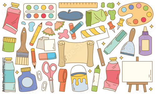 Colorful doodle set of artistic supplies. Vector illustration includes vibrant hand-drawn elements such as colored pencils, paint brushes, palettes, paint tubes, sketchbooks, and other creative tools.