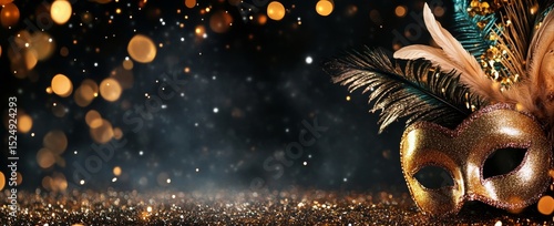 Elegant Golden Mask With Feathers and Shimmering Background for Festive Celeb...