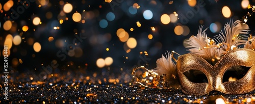 Sparkling Carnival Mask on a Shimmering Backdrop With Vibrant Feathers and Bo...
