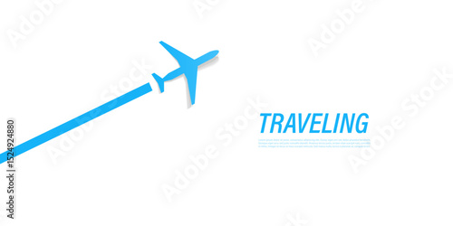 Minimal vector illustration of a blue airplane silhouette on a white background with copy space and text TRAVELING. Perfect for air travel ads, vacation web banners or modern travel concepts.