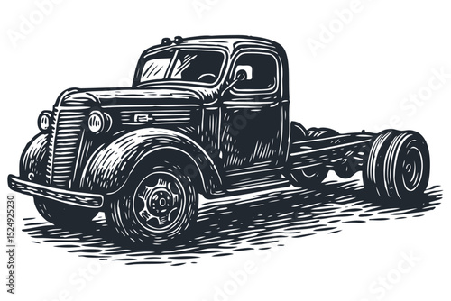 Classic retro truck chassis, vintage engraving style vector art. Ideal for automotive, transport, or nostalgia themes. Monochrome illustration.
