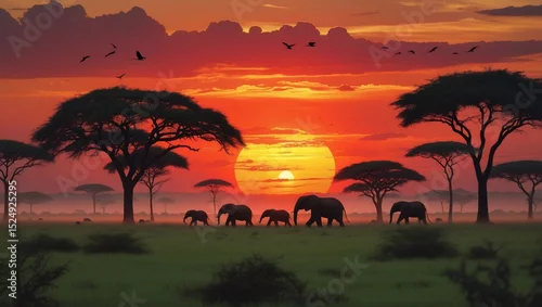 Obraz Elephant Family Sunset Savannah.