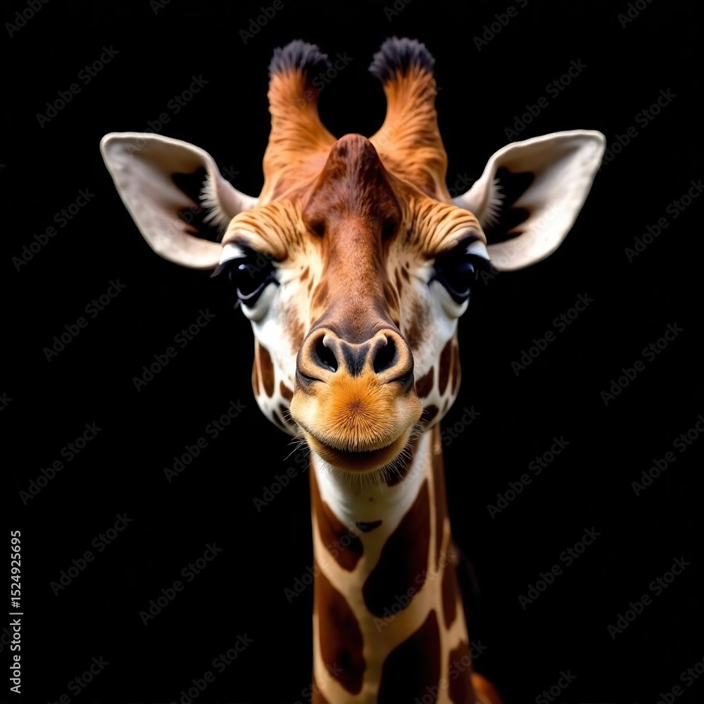 Fototapeta premium Giraffe portrait. Giraffe head shot isolated black background. Ideal t-shirt print copybook cover room wall design. Living room poster cover. 