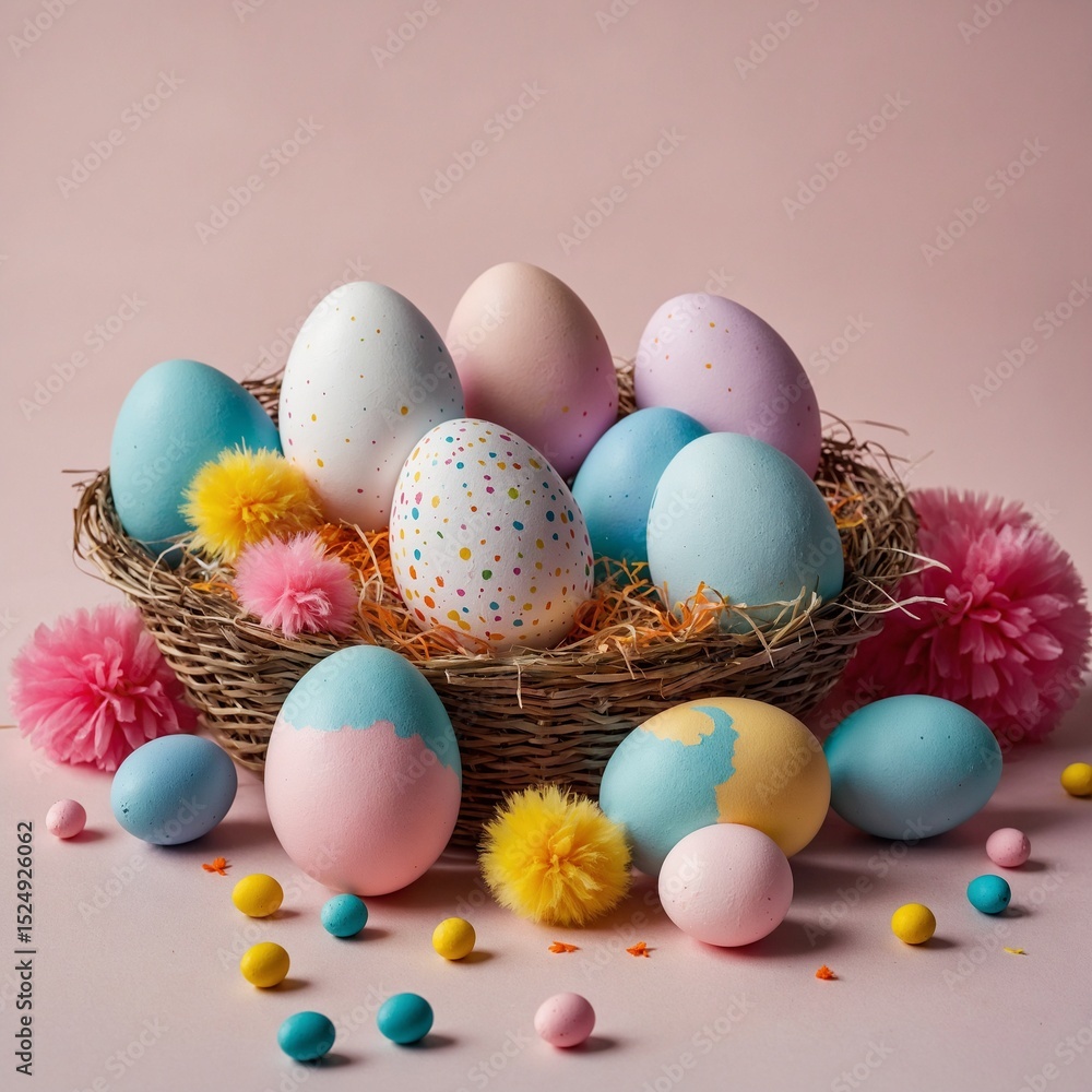 Easter celebration with painted eggs and colorful pom poms on a soft pink background creating a festive and playful atmosphere
Easter celebration with painted eggs and colorful pom poms on a soft pink background creating a festive and playful atmosphere