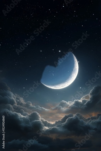 Serene Crescent Moon Glowing Over Soft Clouds at Twilight Sky.