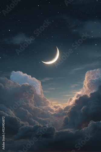 Serene Crescent Moon Glowing Over Soft Clouds at Twilight Sky