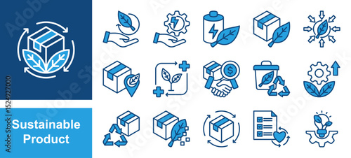 Sustainable product icon set with eco friendly, renewable, biodegradable, organic, energy efficiency and recyclable.