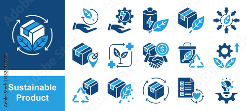 Sustainable product icon set with eco friendly, renewable, biodegradable, organic, energy efficiency and recyclable.