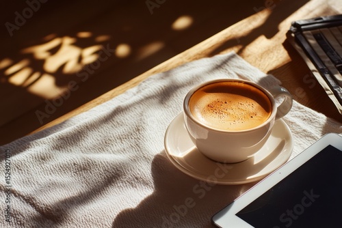 Warm Coffee Cup on a Table With Sunlight and Morning Newspaper Nearby