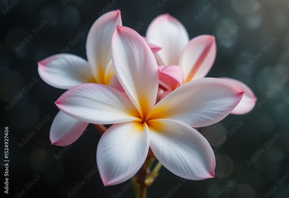 Fototapeta premium Close up of delicate white and pink plumeria flowers with soft blurred background
