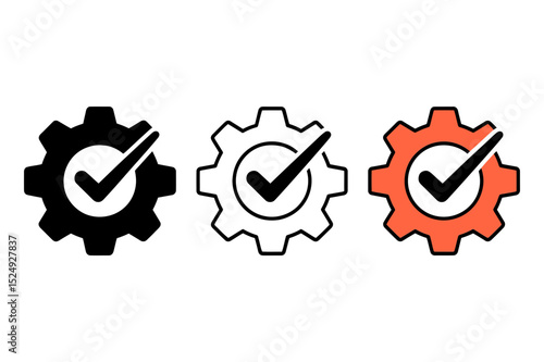 Three gears with check marks in black and orange color