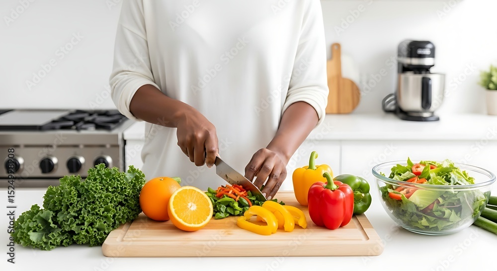 Person Cutting Vegetables for Salad in Bright Kitchen Person Cutting Vegetables for Salad in Bright Kitchen