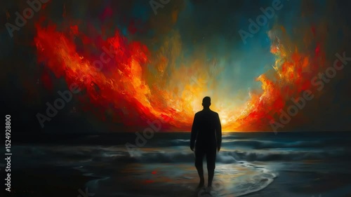 A dark silhouette stands on a beach facing a vibrant fiery sky Waves gently lap at the shore
