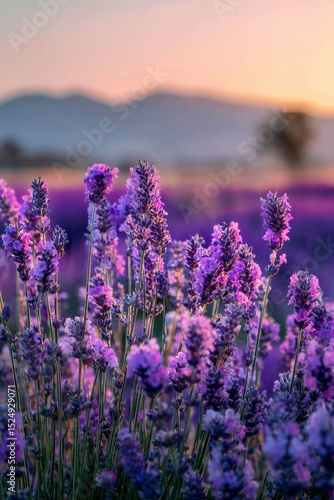 Vibrant Lavender Flowers Bloom Under a Setting Sun in a Peaceful Landscape.