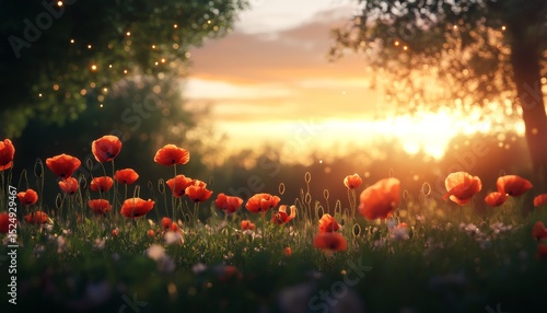 Sunsets Over a Vibrant Poppy Field Showcasing Natures Beauty and Colors.