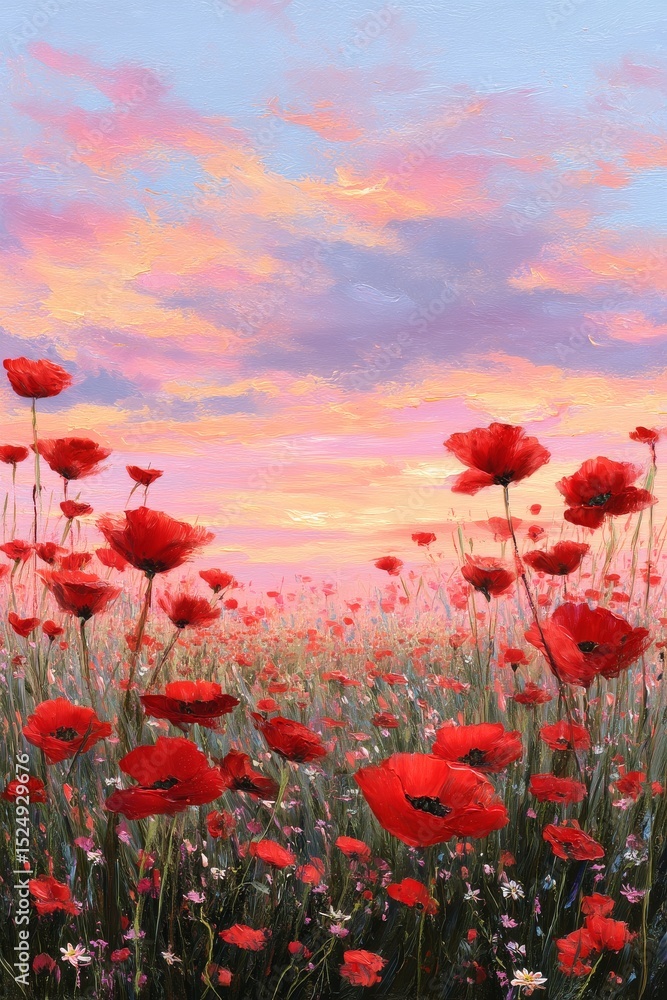 Obraz premium Vibrant Poppy Field Under a Colorful Sunset in a Rural Landscape