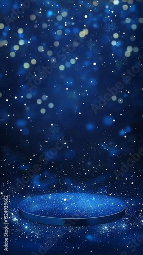 Dark blue background with glittering platform, snowflakes, and bokeh lights
