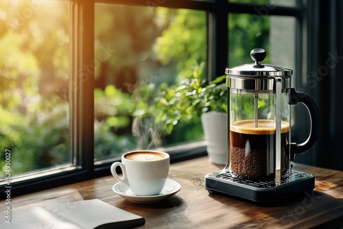 Enjoying Freshly Brewed Coffee by the Sunny Window in a Cozy Kitchen Setting