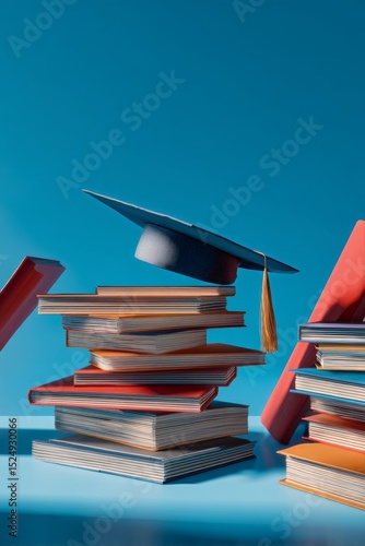 Graduation Cap Floating Above Stacked Books on Bright Blue Background Highlig...