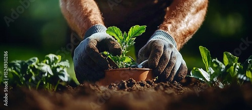 Gardening Hands Planting Young Sprout in Pot Under Bright Sunlight in Lush Gr...