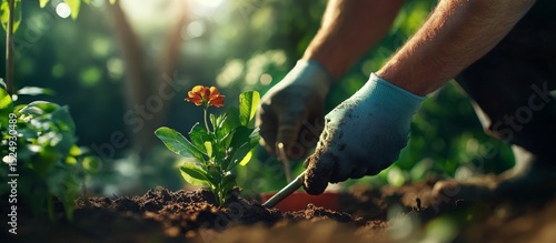 Gardening in Bright Sunlight While Planting a Vibrant Flower in Rich Soil Dur...
