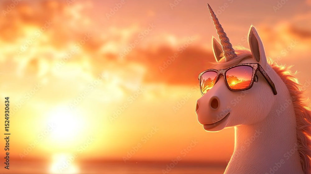 Fototapeta premium A white unicorn wearing sunglasses at sunset