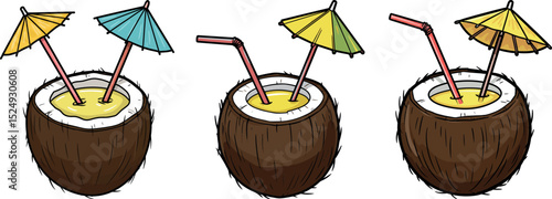 Summer Coconut Drink Vector Clipart with Umbrella and Straw