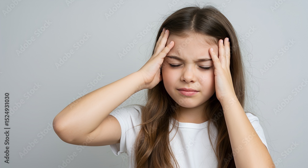 Young girl with long brown hair holding her head in pain, suffering from headache on gray background Young girl with long brown hair holding her head in pain, suffering from headache on gray background