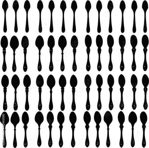 Black spoon silhouettes in multiple rows and variations demonstrating various handle designs culinary kitchen utensils and tableware cutlery pattern