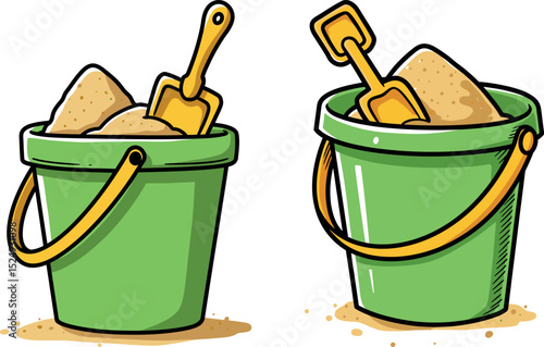 Green Sand Buckets and Yellow Shovels Clipart - Summer Beach Vector Illustration