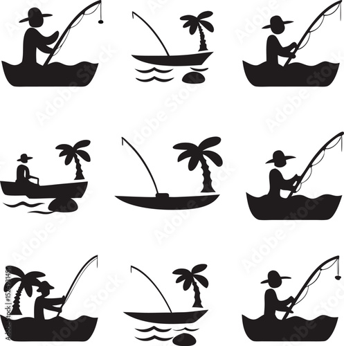 Collection of black and white silhouette illustrations of fishermen on boats with palm trees and fishing rods