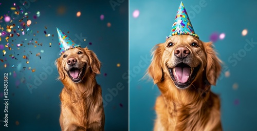 Happy Golden Retriever Celebrating a Birthday With a Party Hat and Confetti i...