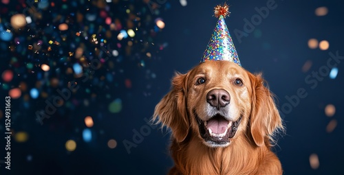 Golden Retriever Celebrates Birthday With Party Hat and Confetti in a Festive...