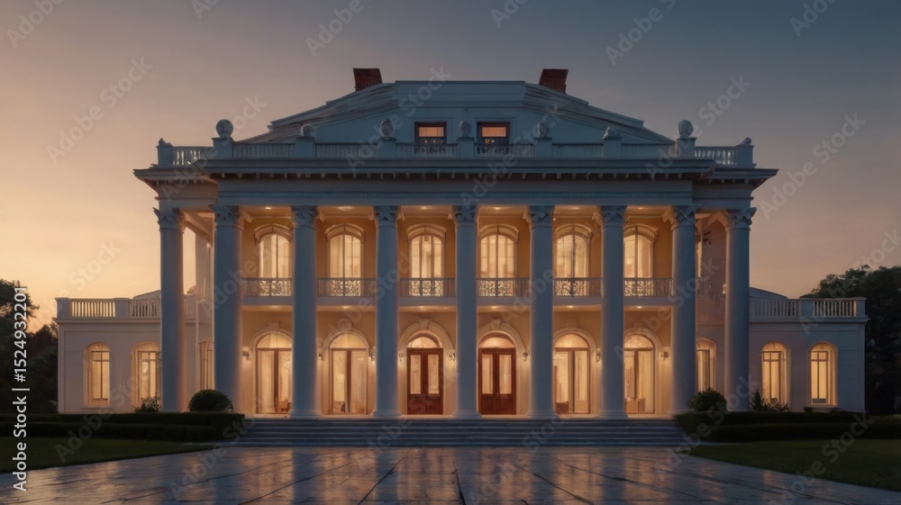 Naklejka premium Grand Neoclassical Mansion Architectural Design & Elegance at Dusk
