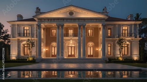 Grand Neoclassical Mansion at Dusk Architectural Photography