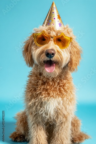 Happy Dog Celebrating With Sunglasses and a Party Hat in a Bright Blue Setting