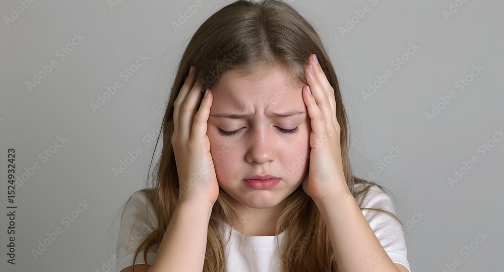 Distressed young girl with brown hair pressing hands to her head, suggesting headache or discomfort Distressed young girl with brown hair pressing hands to her head, suggesting headache or discomfort
