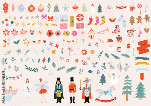 Christmas illustrations cute vector elements flowers, bells, bauble, nutcracker, ballerina, mouse king.  Cut out shapes drawing for digital stickers, social media, icons and template.